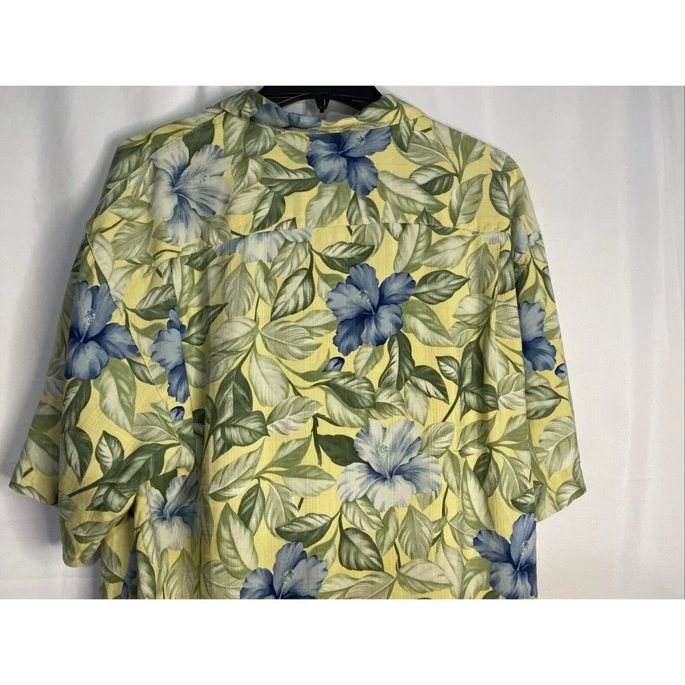 Tommy Bahama Camp Shirt Mens L Yellow Blue Hibiscus Silk Floral Short Sleeve Exc